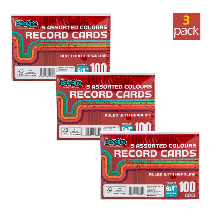 100 A6 Record Cards Ruled with Headline Assorted Colours (3 Pack)