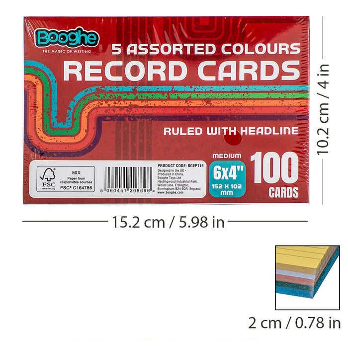 100 A6 Record Cards Ruled with Headline Assorted Colours (3 Pack)