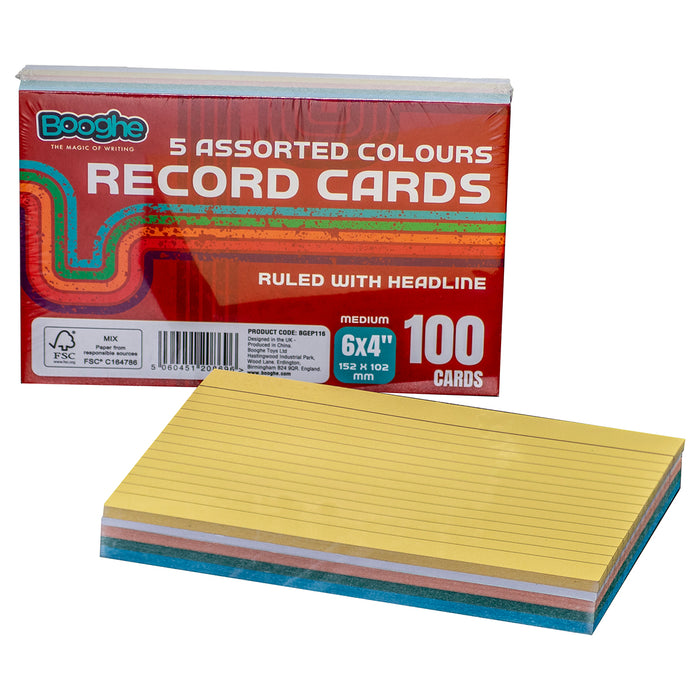 100 A6 Record Cards Ruled with Headline Assorted Colours (5 Pack)