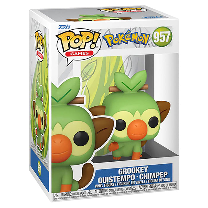 Funko Pop! Games: Pokémon Grookey Vinyl Figure #957 in a window display box